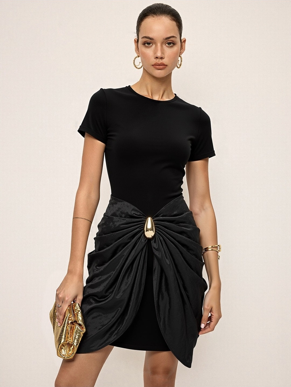 Commense Black Asymmetrical Draped Mini Dress with Gold Accent